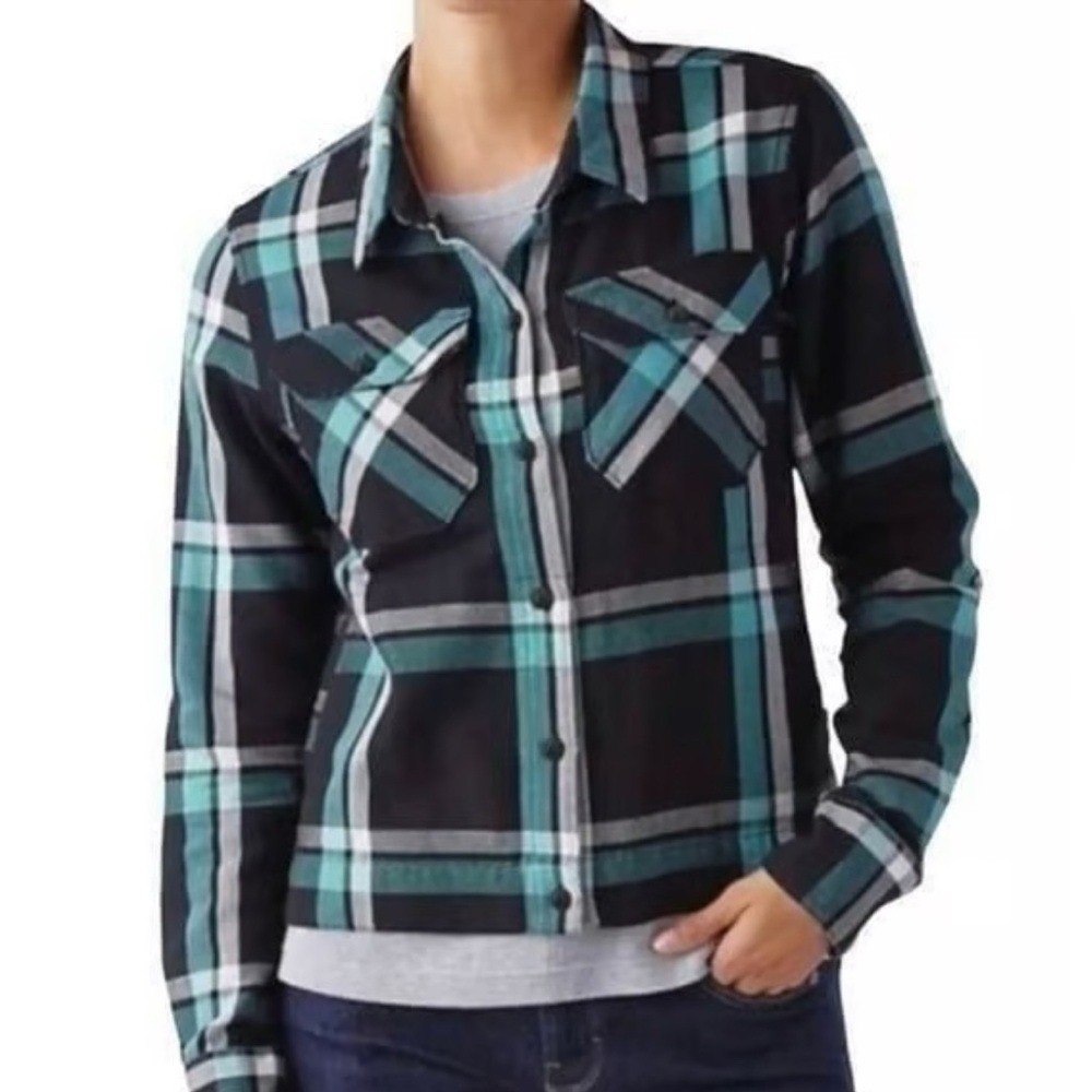 Patagonia Fjord Flannel Shirt Jacket Black Teal Plaid Organic Cotton 54155 FA16